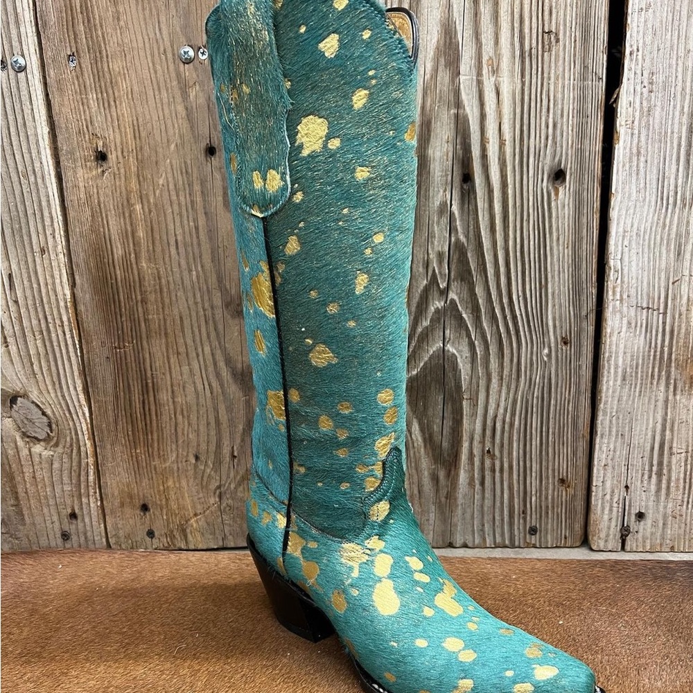 Cowhide Gold Turquoise Teal women’s cowboy boots